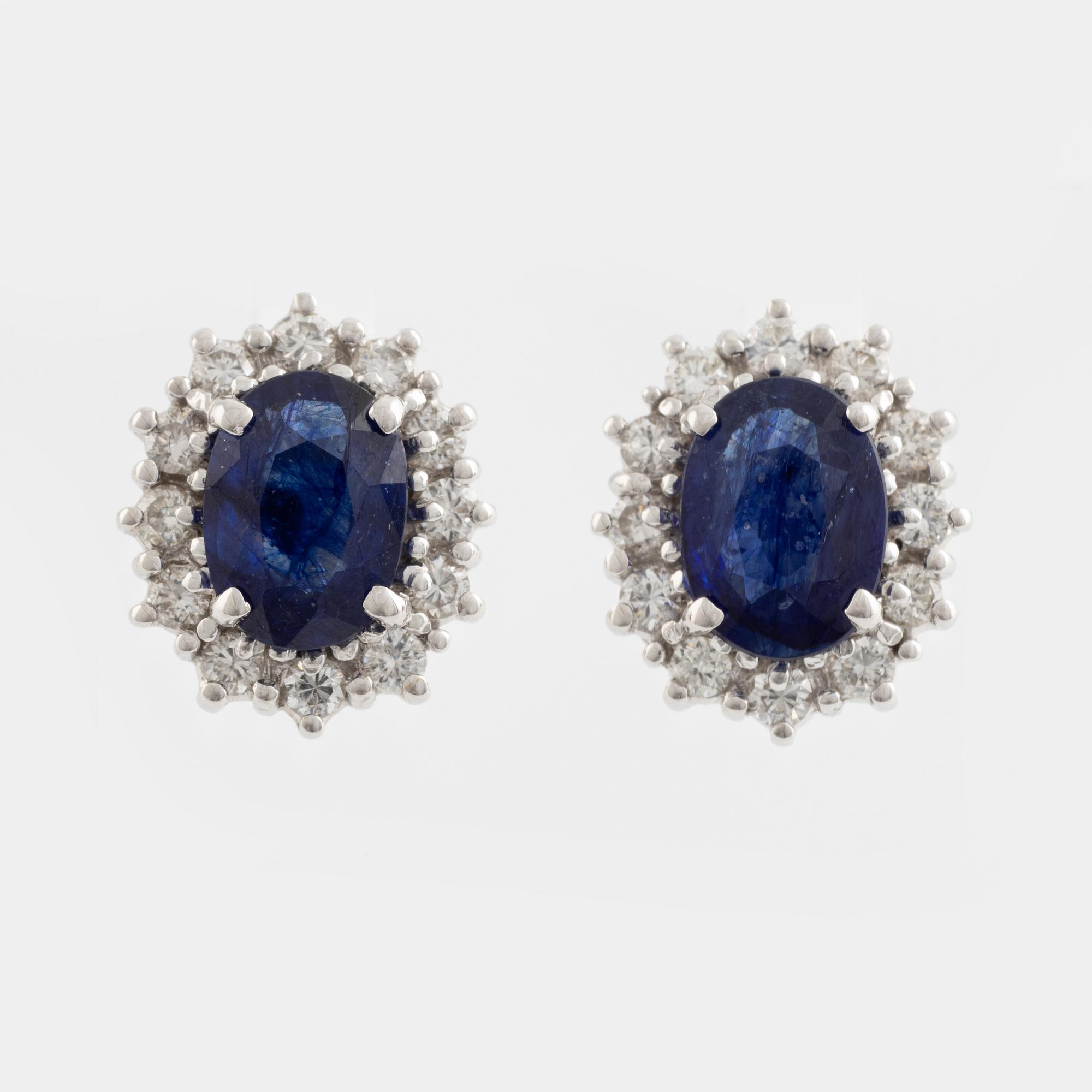 Sapphire and brilliant cut diamond earrings.