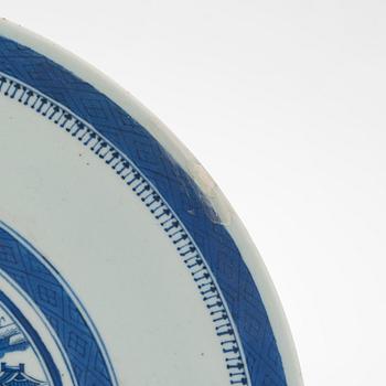 A large blue and white porcelain dish and a bowl. China, late Qing dynasty.