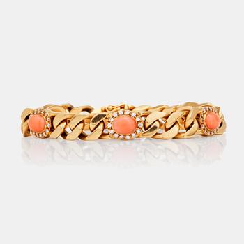 A coral and brilliant-cut diamond bracelet. Total carat weight of diamonds circa 0.70 ct.