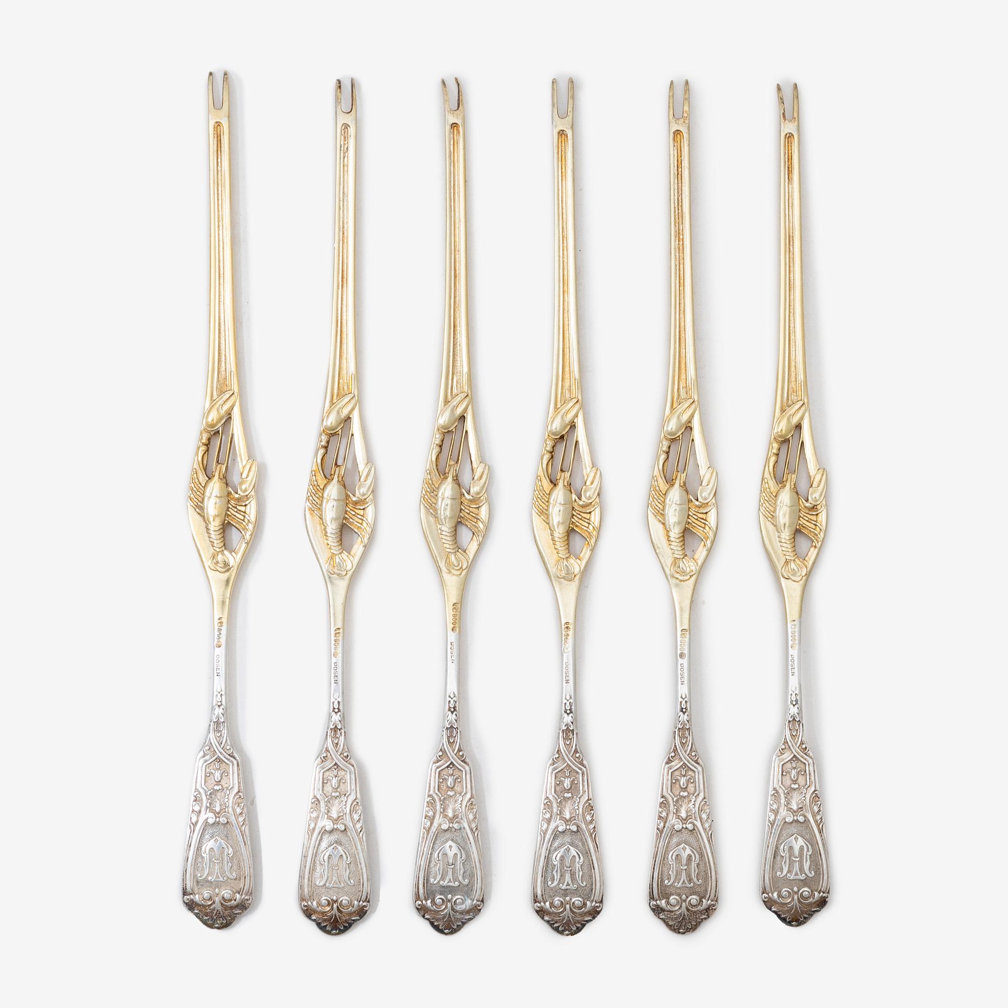 Six silver lobster forks, Germany,