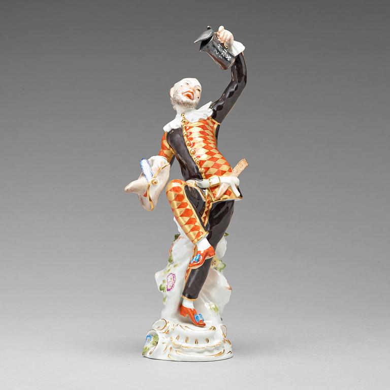 A Meissen figure of 'Harlequin with a beer tankard', Germany, late 20th Century.