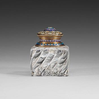 728. A Russian late 19th century silver-gilt, enamel and glass ink-stand.