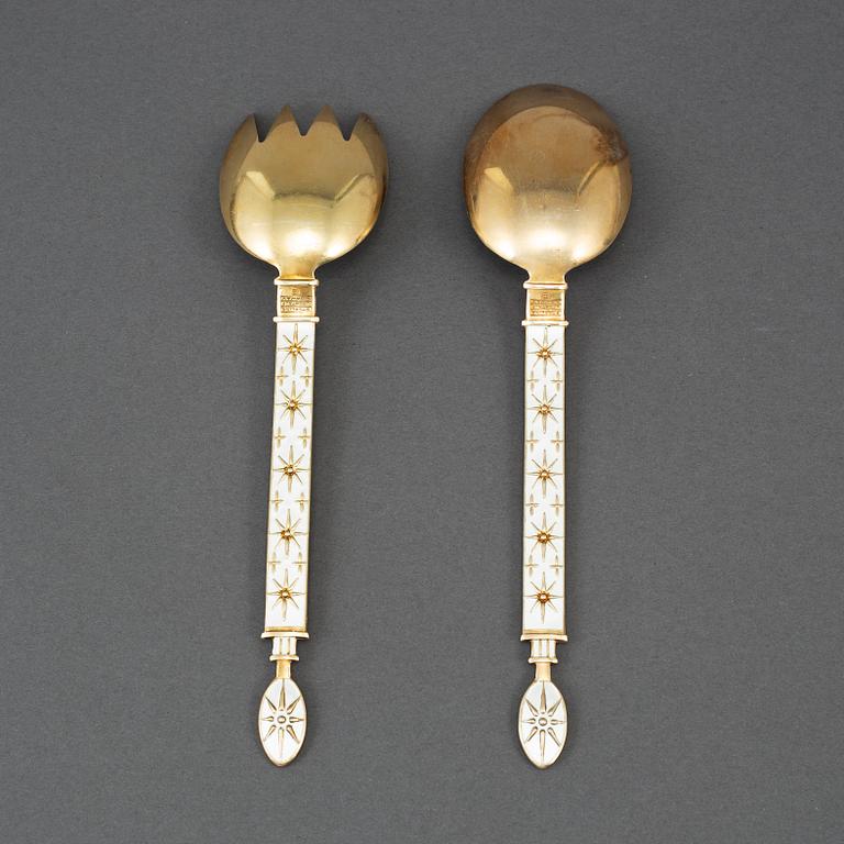 A pair of gilt and enamel silver cutlery, J Tostrup Oslo 1930s.