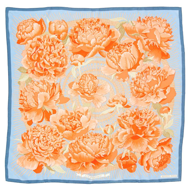HERMÈS, a silk scarf, "Les Pivoines".