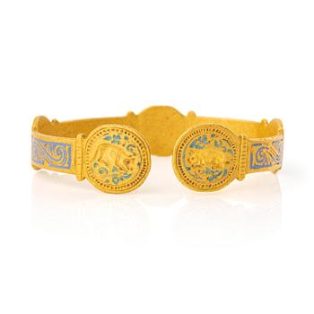 216. A presumably modern Byzantine-style gold and enamel bracelet.