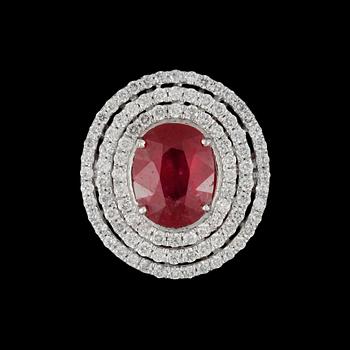 85. A ruby, circa 3.78 cts, and diamond, circa 0.92 ct, ring.
