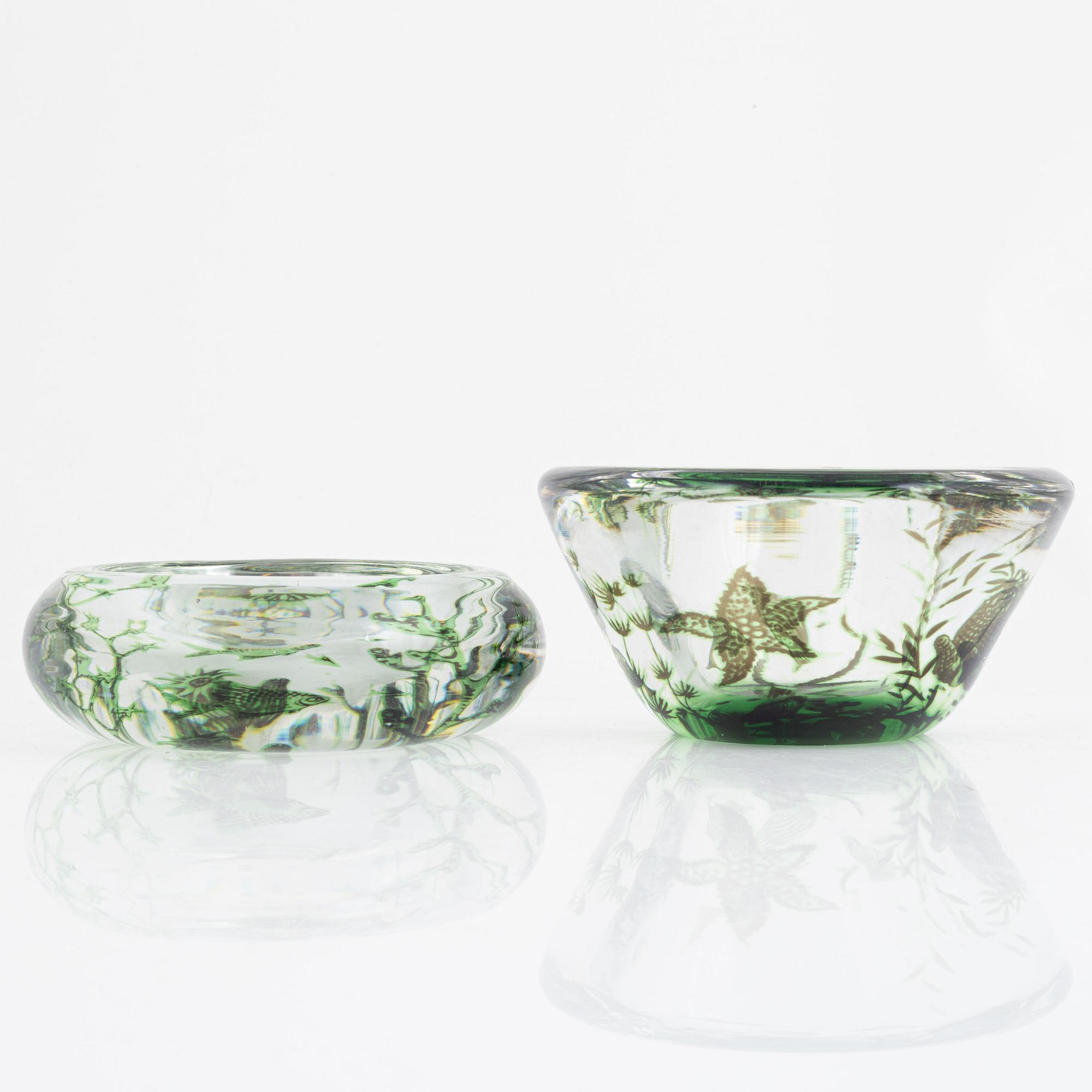 Edward Hald, skålar, 2 st, "Fiskgraal", Orrefors.