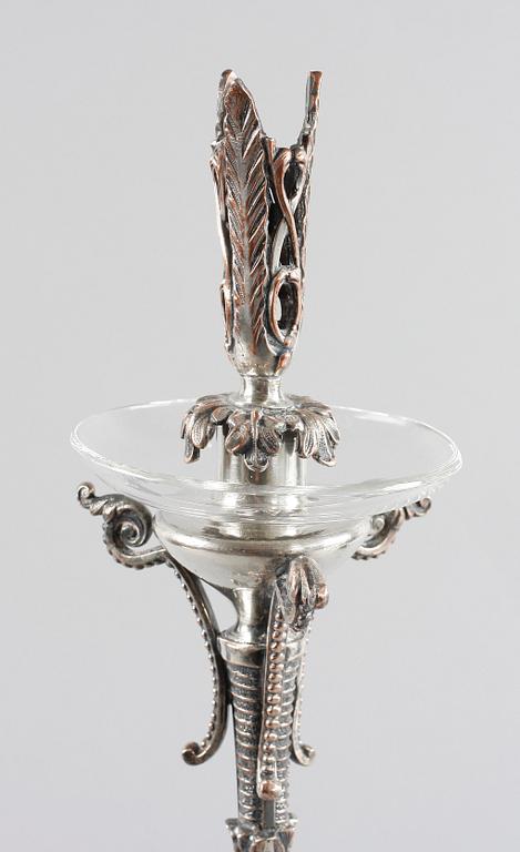 BORDSUPPSATS/LJUSSTAKE, nysilver, 1800-talets slut.