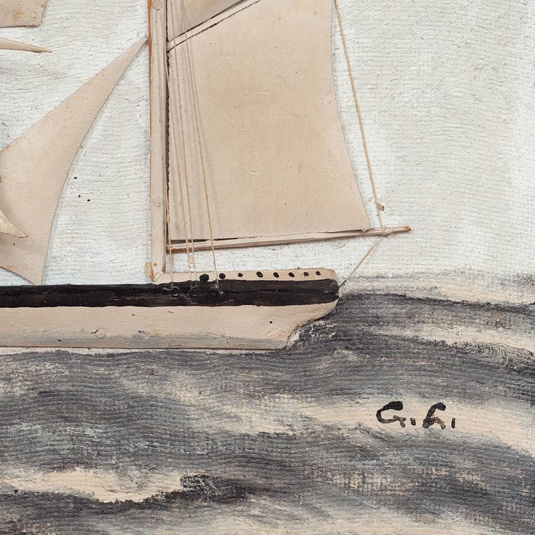 OKÄND KONSTNÄR, olja med collage på pannå, monogramsign, 1900-talets början.