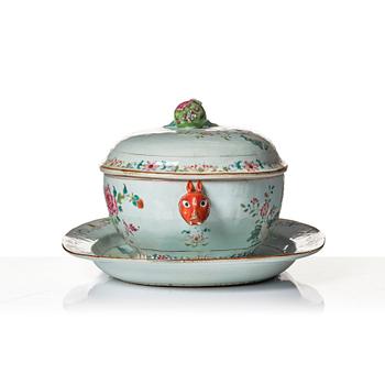 A famille rose 'double peacock' tureen with cover and stand. Qing dynasty, Qianlong (1736-95).
