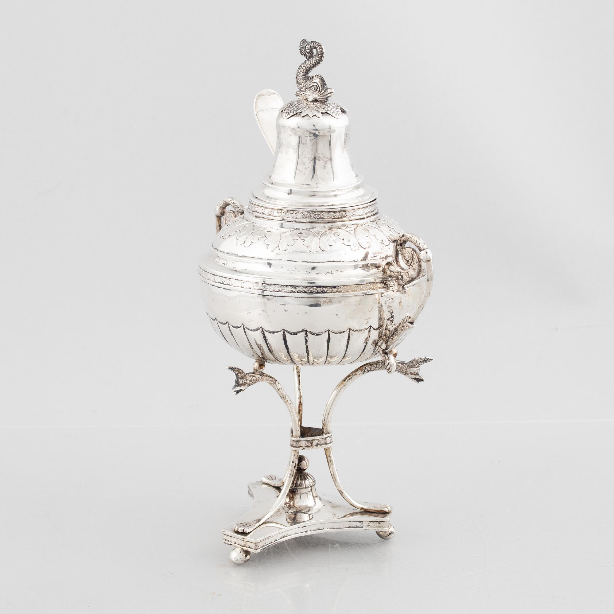 A Swedish Empire silver sugar bowl with sugar spoon, mark of Carl Lindström, Borås 1842.