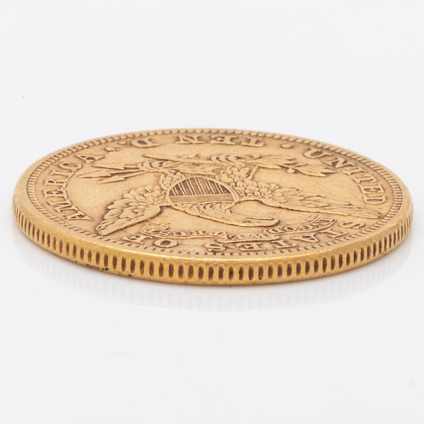 A 10 dollars Liberty Head gold coin from USA, 1881.