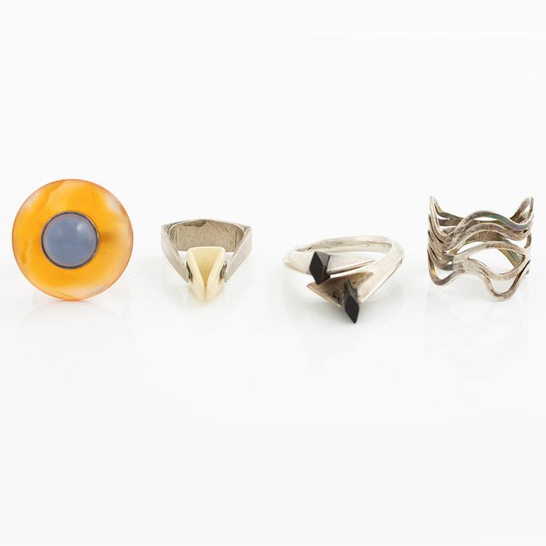 Four rings, silver and including carnelian, among others Cecilia Johansson, Gothenburg 1968.