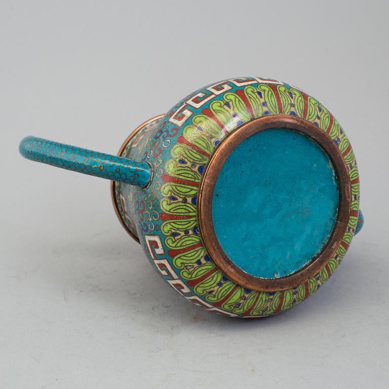 A chinese 20th century cloisonné teapot and two dishes.