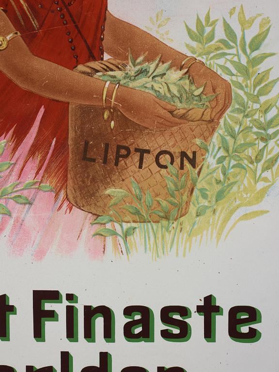 Skylt, emalj, "Lipton's te àr det Finaste i Werlden", Chromo Wolverhampton, England, tidigt 1900-tal.