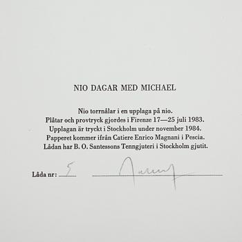 ULF ROLLOF, "Nio dagar med Michael", komplett svit med 9 torrnålsgravyr, sign o numr 5/9, dat 1983.