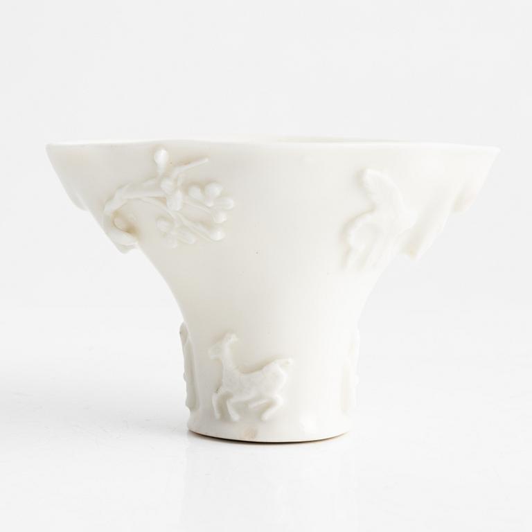 A Blanc de Chine libation cup, Qing dynasty, 18th century.