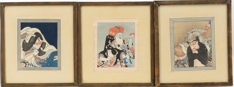Japanska träsnitt, 19 stycken, med två försättsblad, Japan, 1900-talets första hälft.