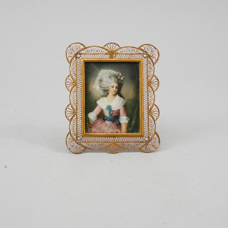 MINIATYR, bemålat tryck, signerad Hall, 1800-tal.