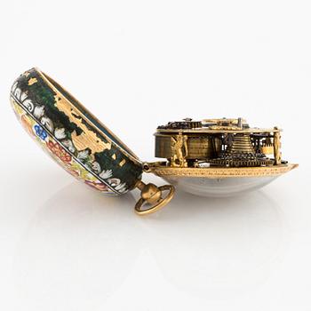 Abraham Cailliatte, a 17th century gold and enamel pocket watch, the case attributed to Pierre I Huaud.