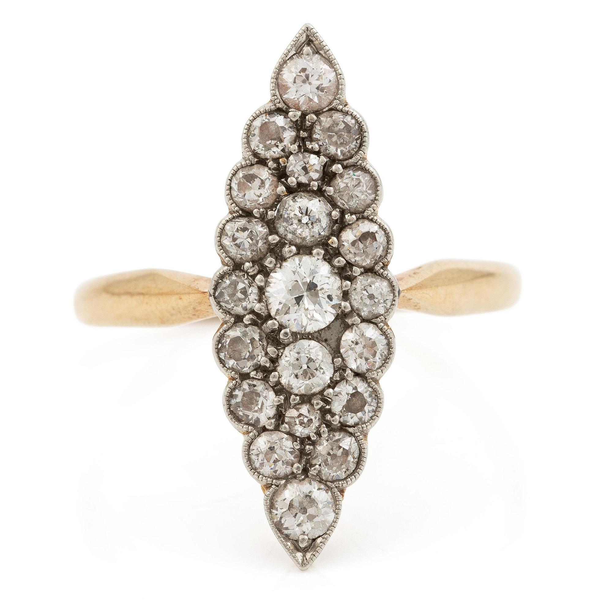 Ring 14K gold with old-cut diamonds in navette shape, circa 1900.