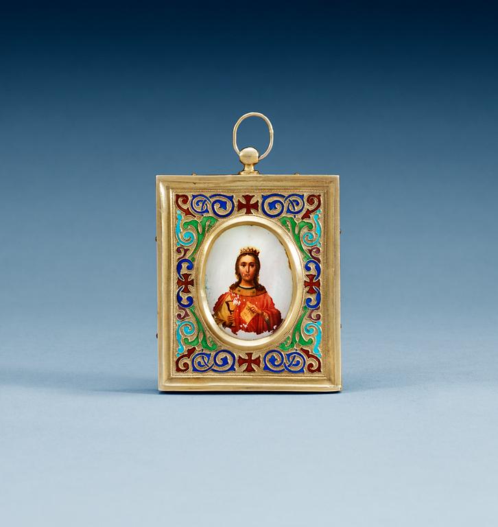A RUSSIAN SILVER-GILT AND MOTHER OF PEARL ICON, unidentified maker, Moscow 19th century. 7x6 cm.