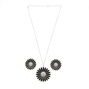 GEORG JENSEN, PENDANT and EARRINGS, "Daisy", silver, black enamel.