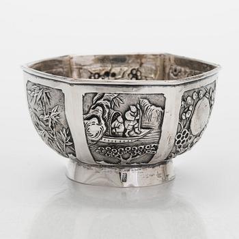 Hexagon export silver bowl, maker's mark GW, Gem Wo, active 1850-75, Canton.