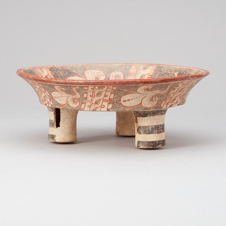 A MAYAN POLYCHROME TRIPOD CEREMONIAL CHOCOLATE BOWL, late Classic, ca 550-950 A.D.