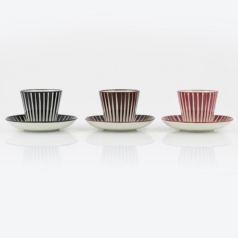 Eugen Trost, a set of six 'Zebra' coffee cups with saucers, Gefle, Upsala-Ekeby, Sweden.