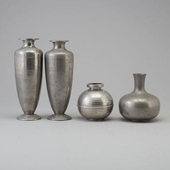 Four 1930s pewter vases, probably Sylvia Stave, two from CG Hallberg.