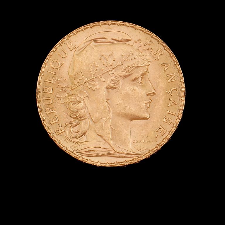 GULDMYNT, 20 franc, Frankrike, 1913. Vikt ca 6 gram.