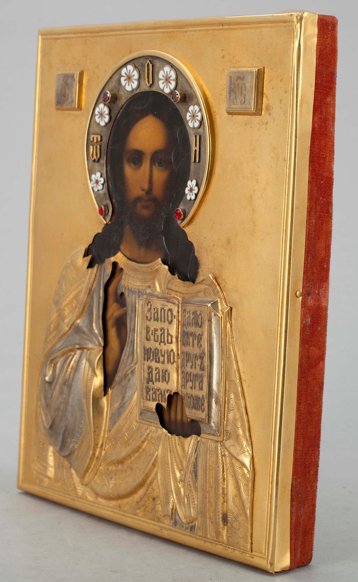 Icon, enamel ornamenation, silver risa , Russia,
Moscow, est 20th cent.