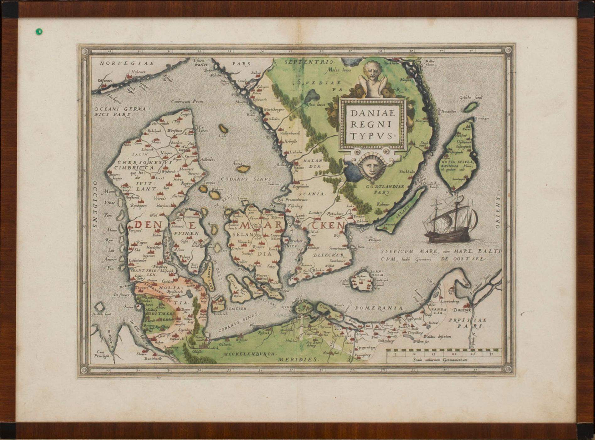 MAP, copper engraving, Daniae Regni Typus" Abraham Ortelius, ca  1600.