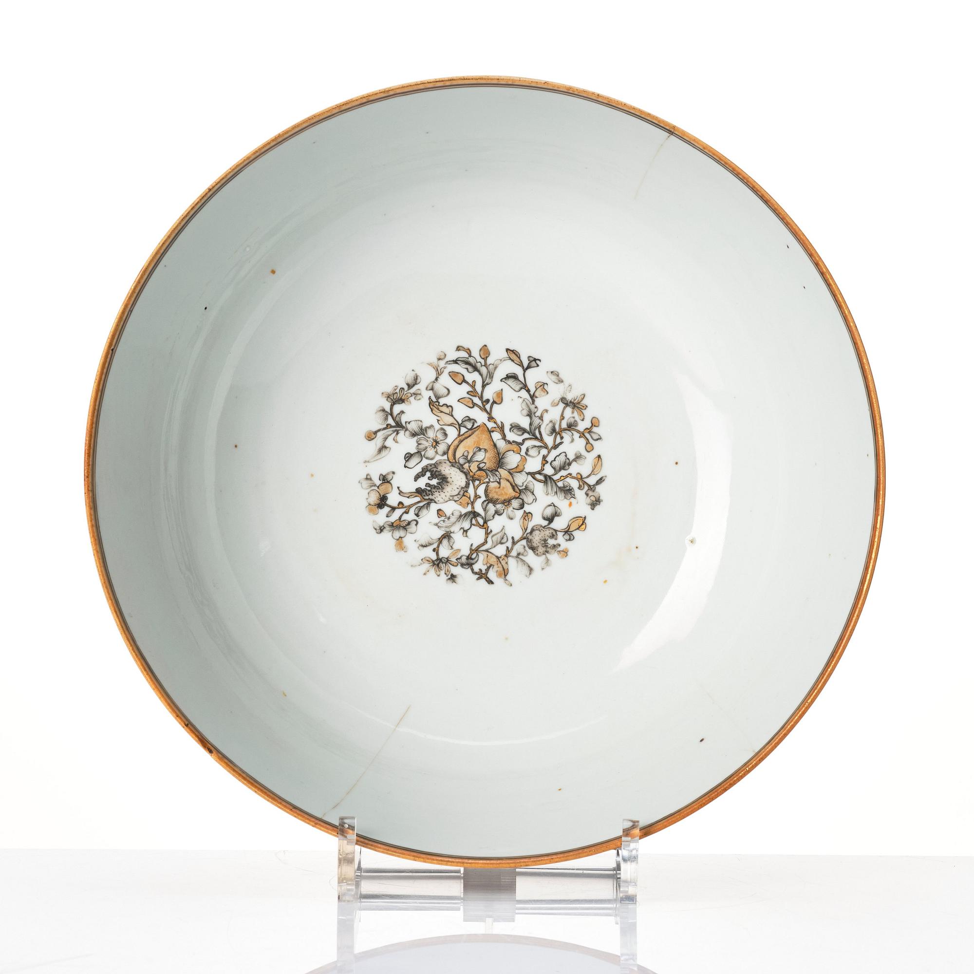 A famille rose and grisaille armorial punch bowl, Qing dynasty, 18th century.