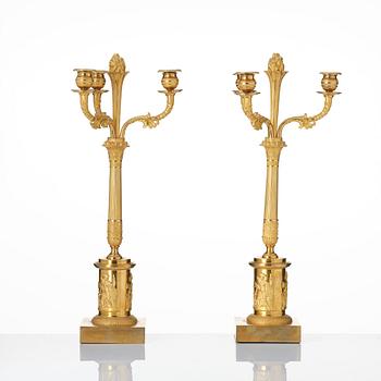 A pair of Empire ormolu three-light candelabra, Stockholm, early 19th century.