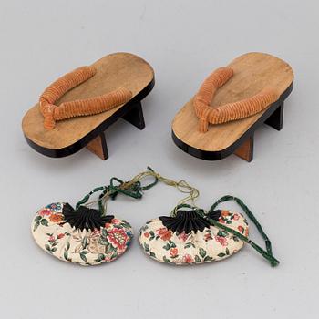 A pair of Japanese 'Geta' shows and two Chinese pouches, early 20th century.