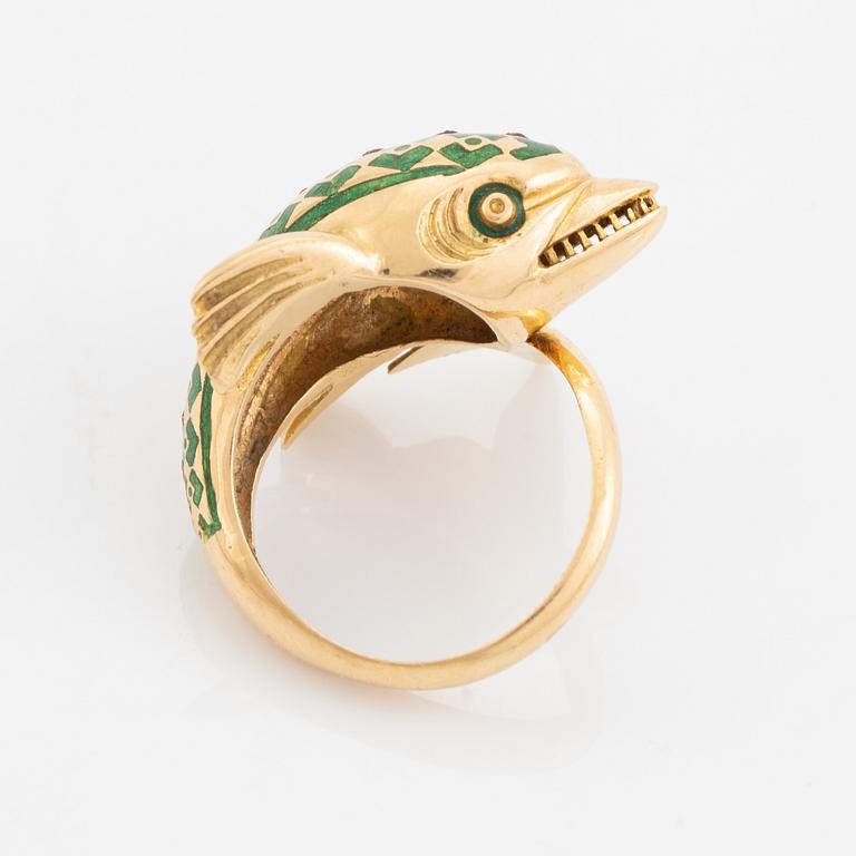 18K gold and green enamel dolphin ring.