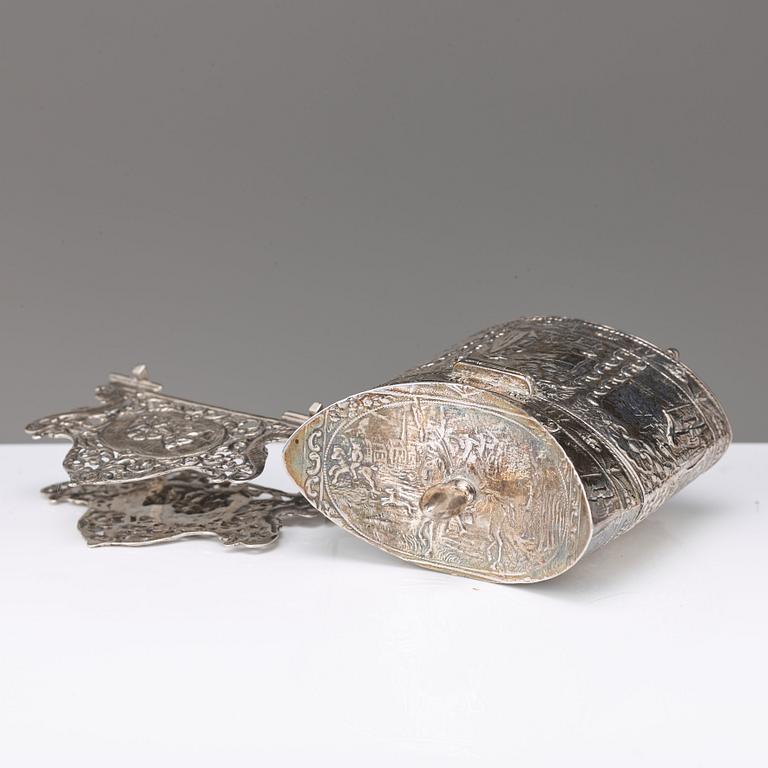 A Dutch late 19th century silver jar and napkin-holder. An ash-tray, Birmingham 1902.