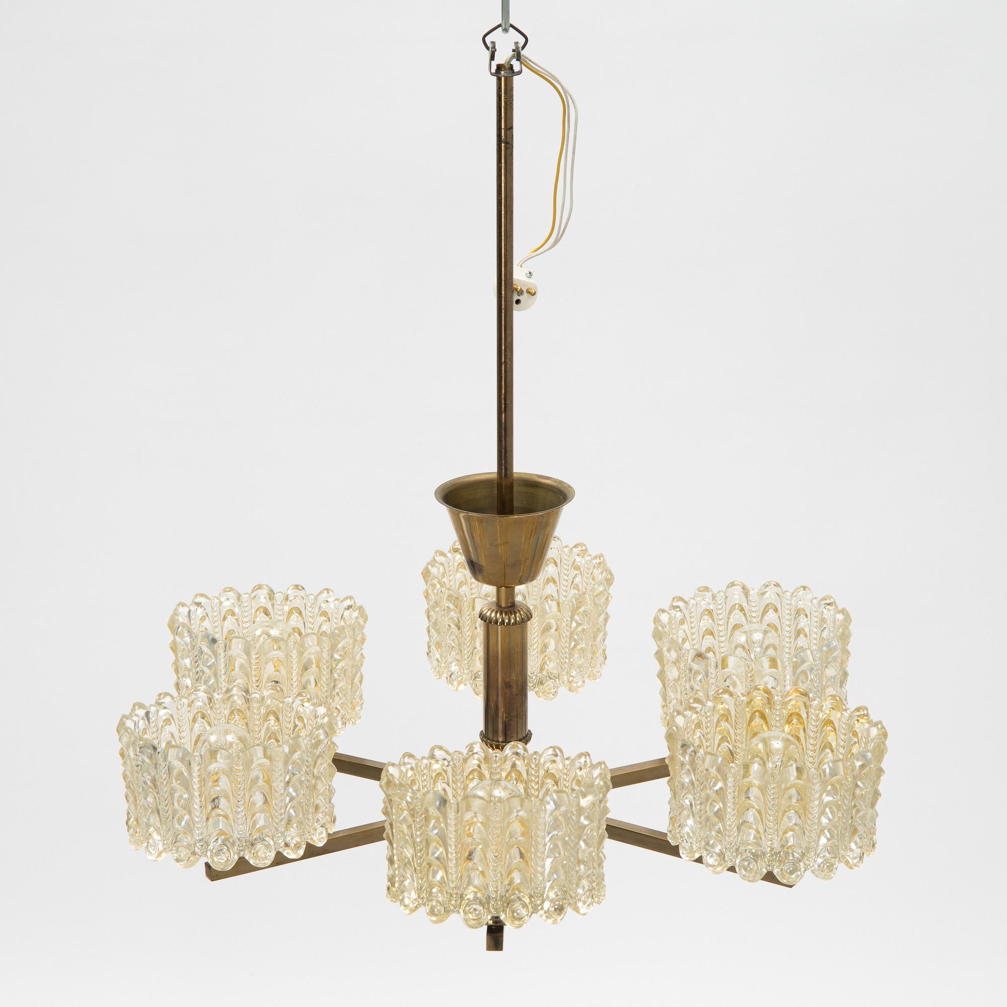 A brass and glass ceiling lamp, second half of the 20th Century.