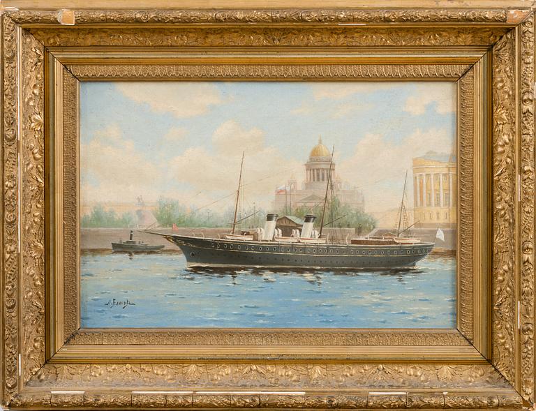 THE IMPERIAL YACHT SHTANDART ON THE RIVER NEVA NEAR SENATSKAYA SQUARE.