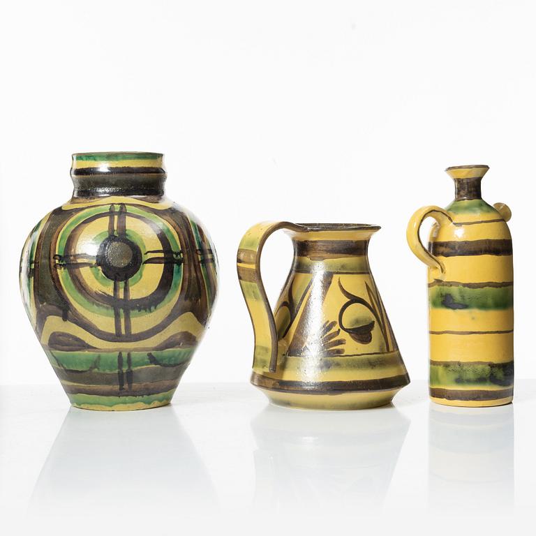 Allan Ebeling, two glazed ceramic ewers and a vase, Torshälla 1930s.