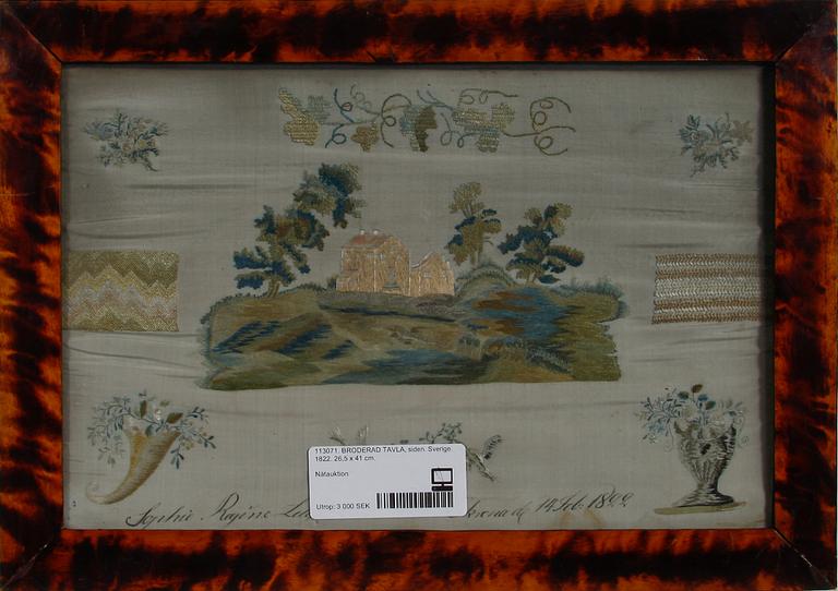 BRODERAD TAVLA, siden. Sverige. 1822. 26,5 x 41 cm.