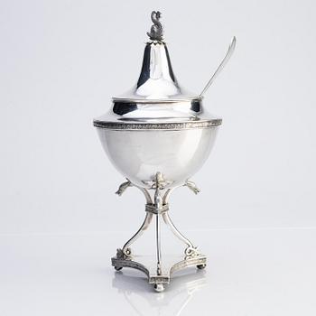 A Swedish 19th century silver sugar bowl with lid, mark of Abraham Hamnqvist, Åmål 1819 and a sugar sprinkle spoon.