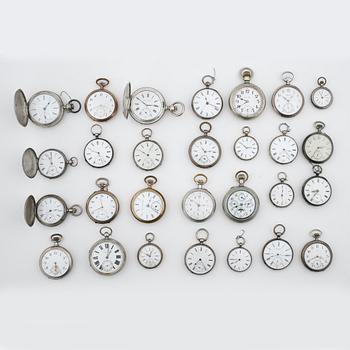 SAMLING FICKUR, 28 st, mest silver, sent 1800-tal till 1900-talets första hälft. Tot ca 2500 gram.