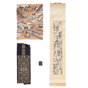 A set with two textile fragments, a scroll and a parfume box, Qing dynasty.
