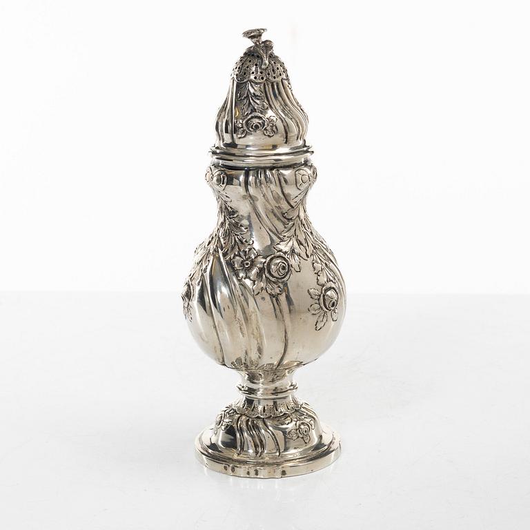 Sugar caster, silver, Rococo style, import mark CG Hallberg, Malmö 1935.
