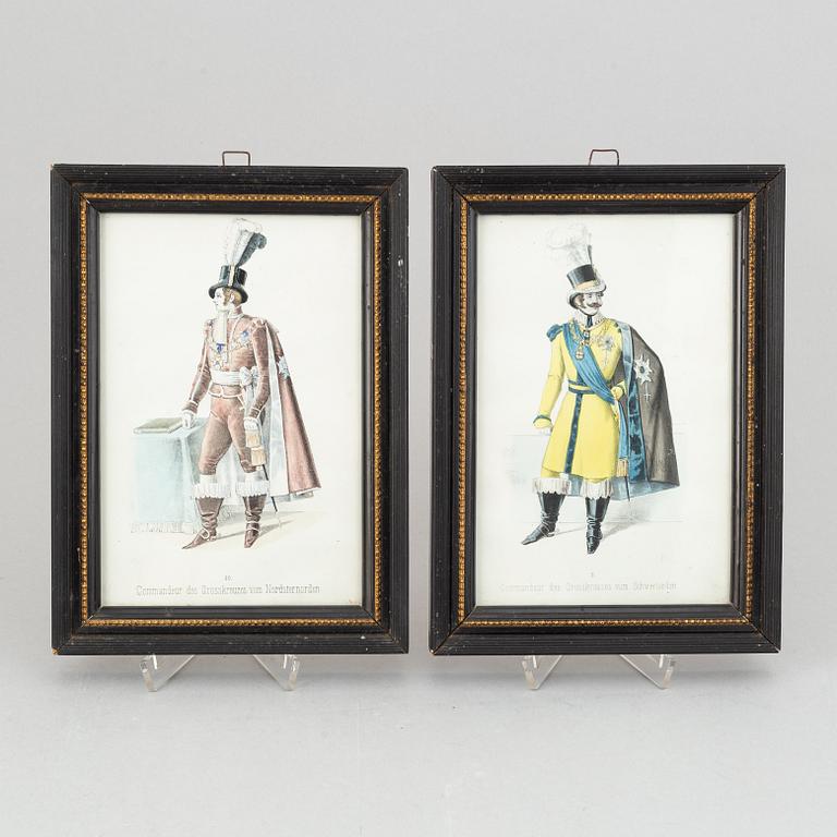A set of twelwe hand-coloured litographs of Swedish chivalric orders by Adolf Ulrik Schützercrantz.