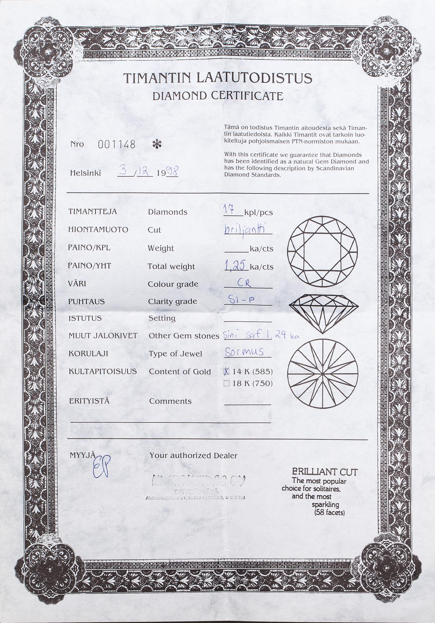 A 14K white gold ring with a sapphire ca. 1.24 ct and diamonds ca 1.25 ct in total. Finnsh import marks 1994.