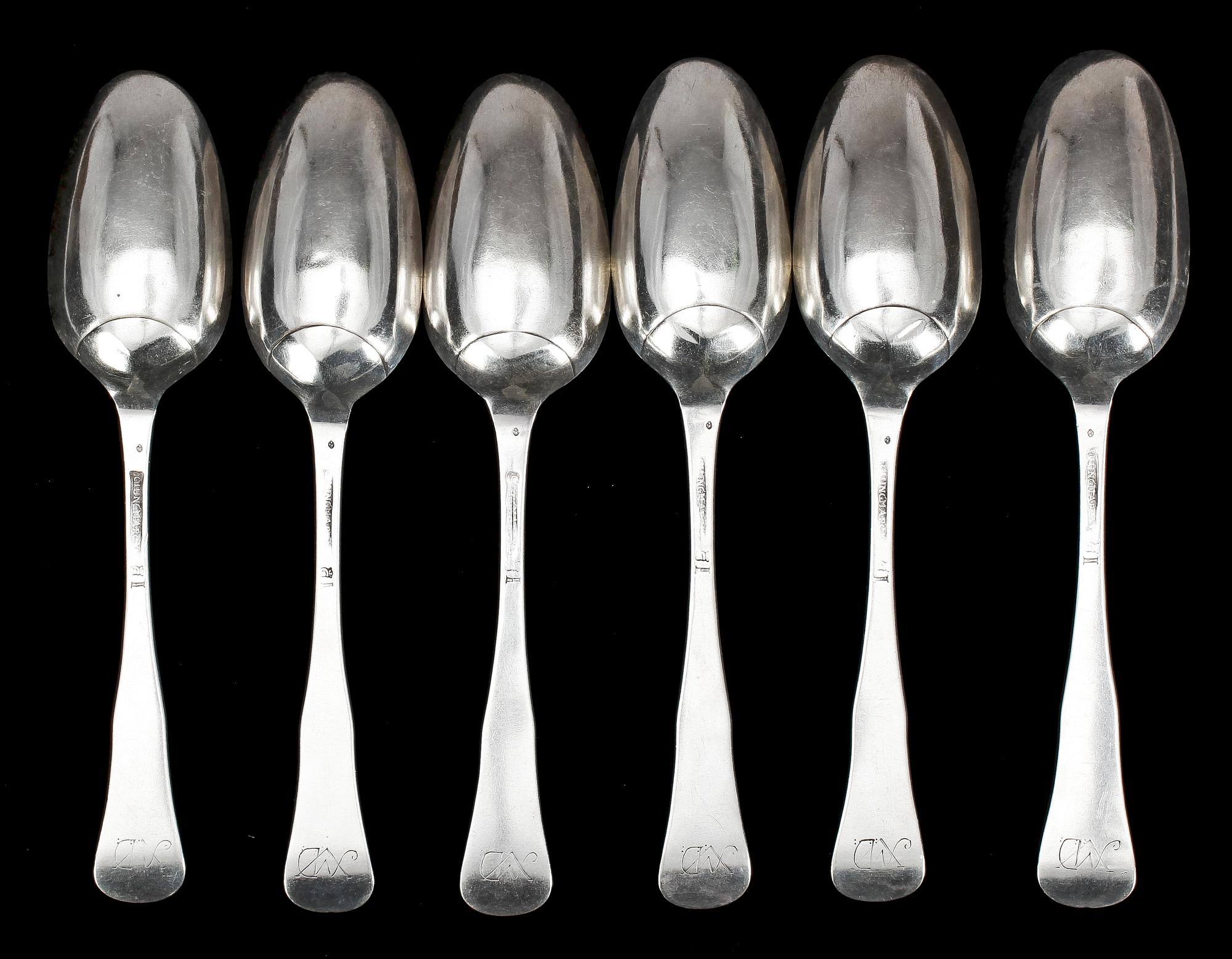 SKEDAR, 6 st, silver, Johan Christoffer Ljungmark, Göteborg, 1767. Ca 375 g.